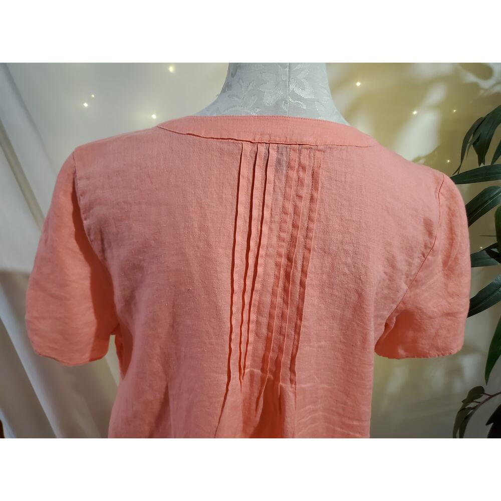 Talbots Linen Slit Tie Short Sleeve Notch Neck Blouse Top Size LP Coral Pink - Picture 6 of 10